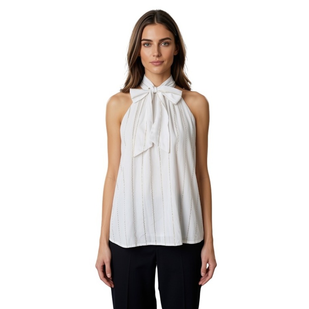 LOFT Womens White Gold Metallic Stripe Halter Bow Neck Top 757149 Size S NEW
